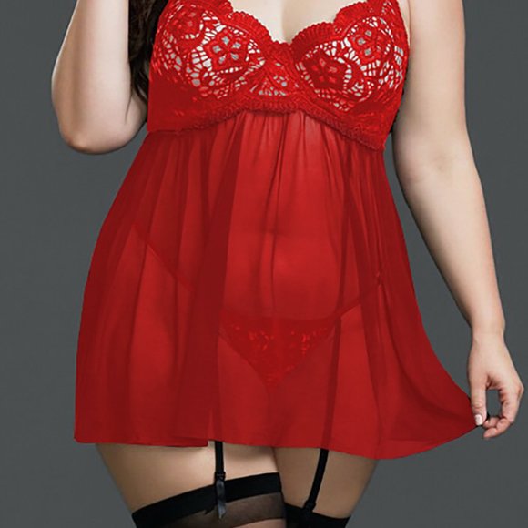 Red Plus Size Black Mesh & Venice Embroidery Lace Babydoll - Picture 4 of 4